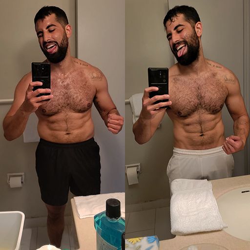 Before and after fitness results of a client following Yonatan Tyk personalized workout and nutrition plan.
