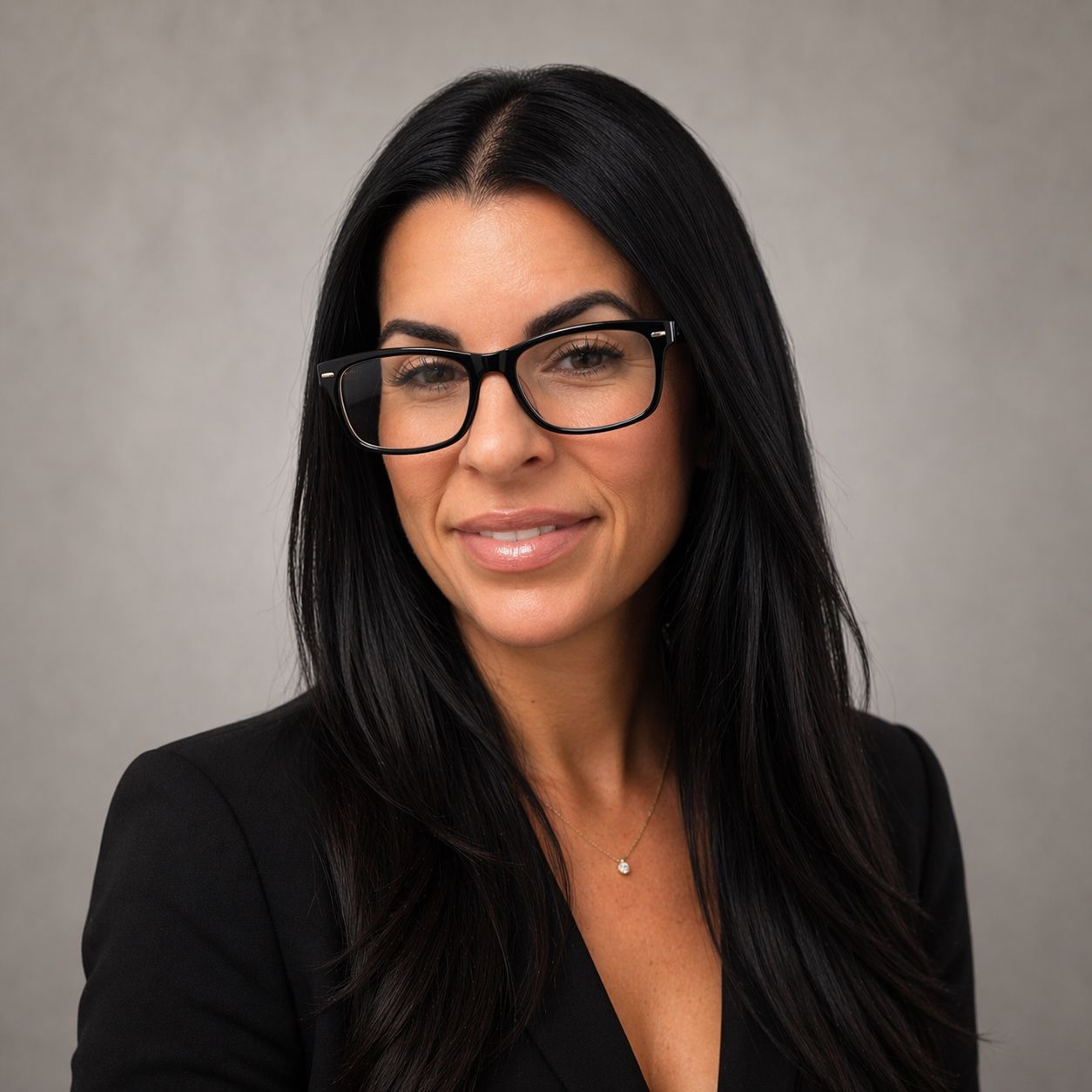 Studio portrait of a woman with long dark hair, black glasses, and a black blazer on a gray background