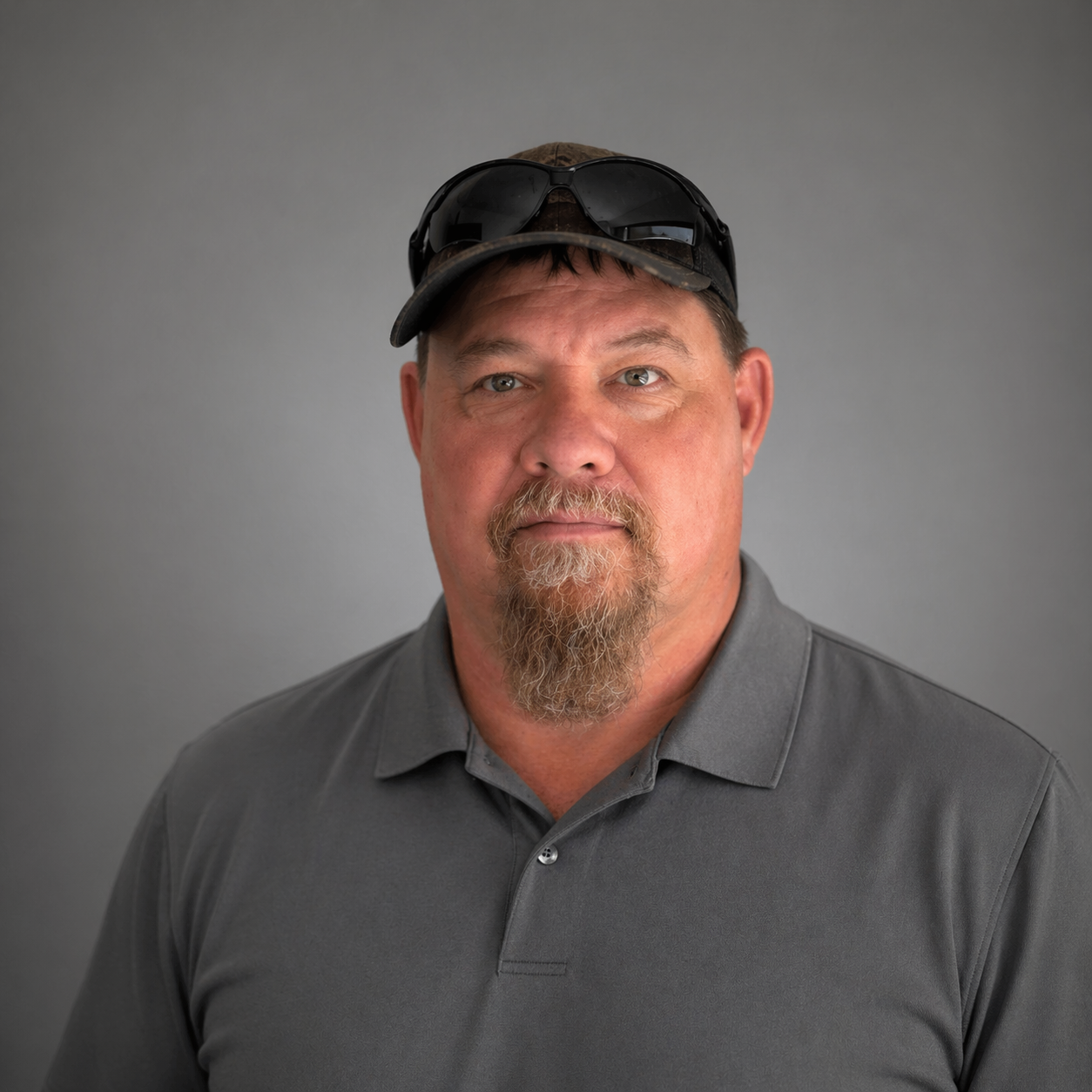 Studio portrait of a man in a gray polo shirt and black cap against a gray background