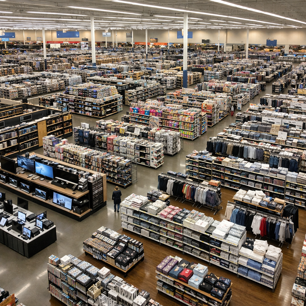Large warehouse-style retail store with rows of packed aisles and shelves under bright overhead lights.