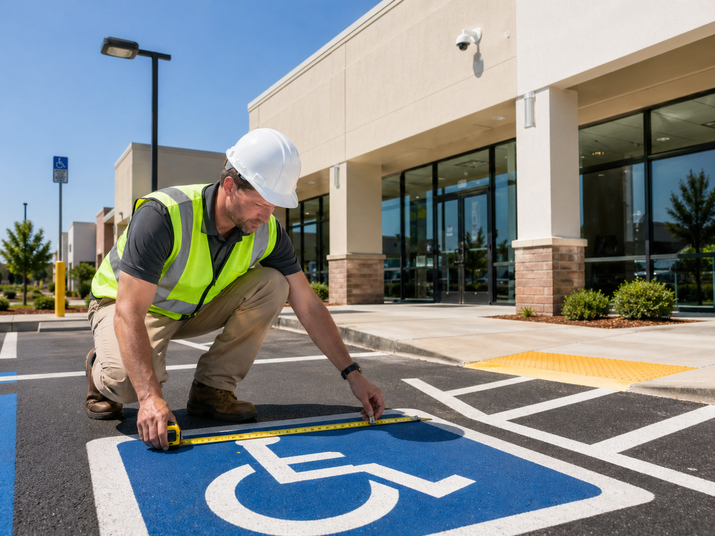 Worker painting a blue handicap parking space in front of a building.