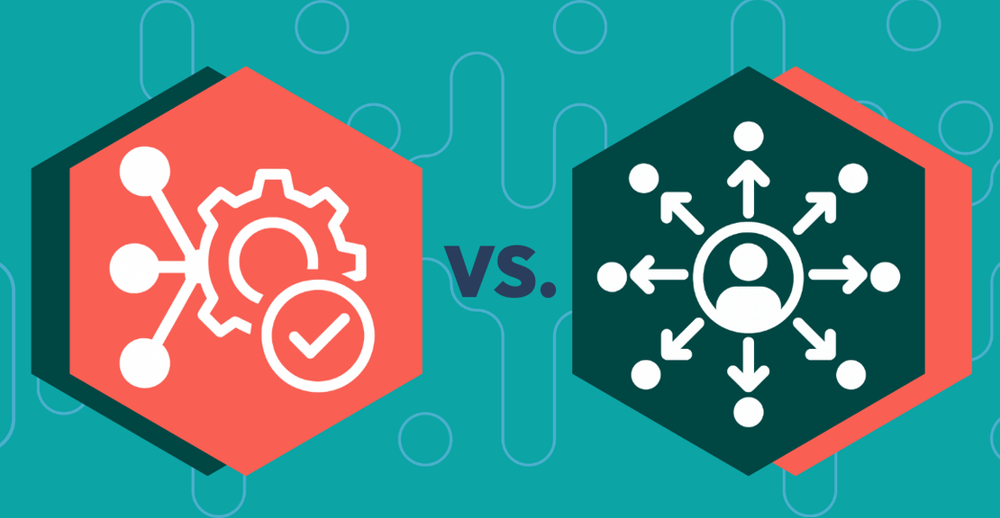 Infographic comparing centralized vs. decentralized services with white icons on teal and red backgrounds.
