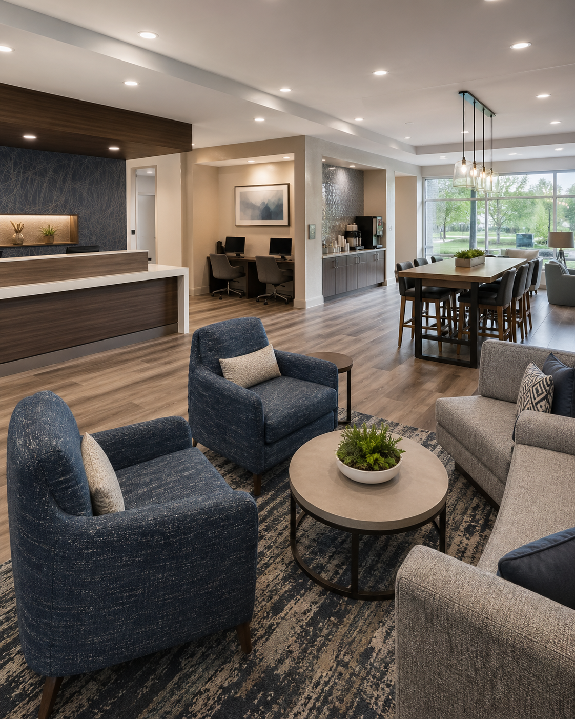 Modern hotel lobby with blue and gray armchairs, round table, and dining area near large windows