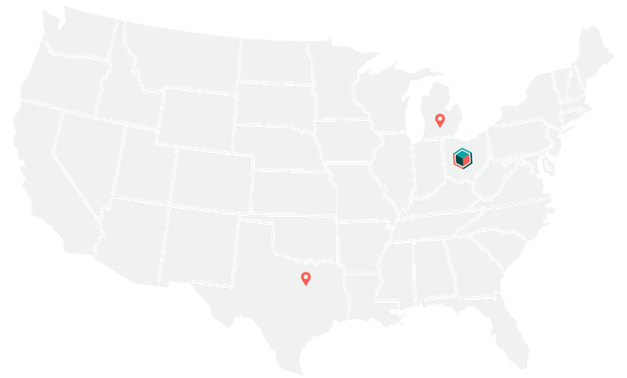 Map of the United States with location pins in the Midwest and Texas, plus a marker on the East Coast.
