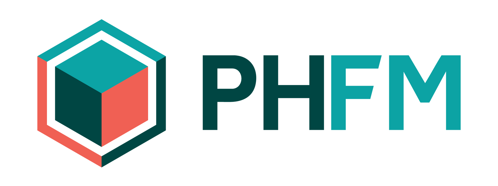 PHFM logo with teal and coral hexagonal cube icon and dark teal text on white background