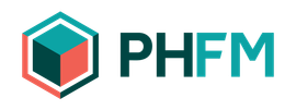 PHFM logo with teal and coral hexagonal cube icon and dark teal text on white background