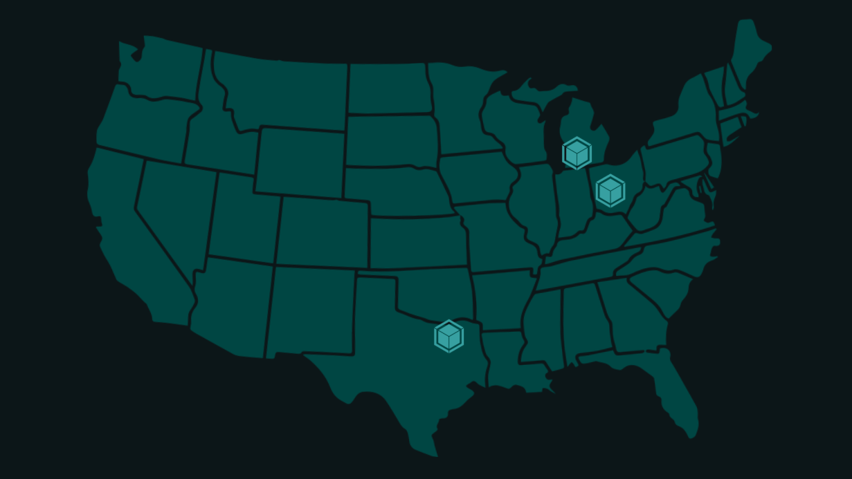 Map of PHFM's office locations. Columbus, Ohio; DeWitt, Michigan; and Crowley, Texas.