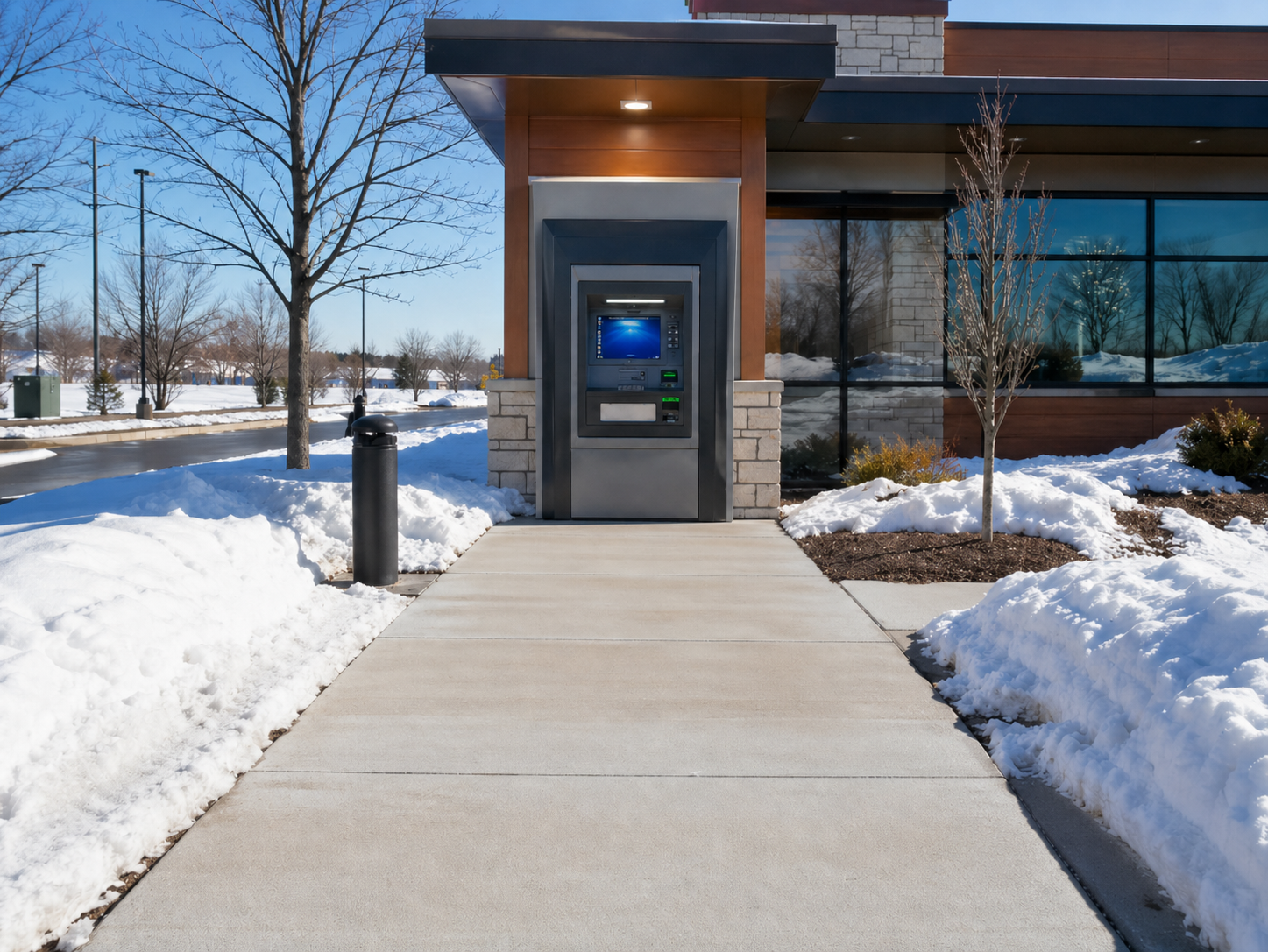 Snowy walkway leading to a modern building entrance with an ATM kiosk beside glass windows