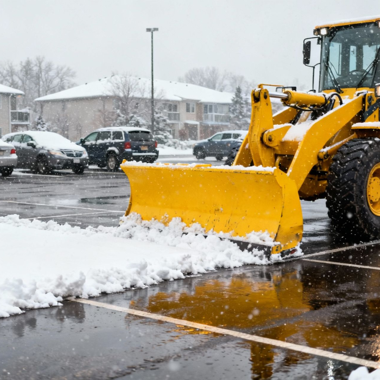 Yellow snowplow clearing snow in a parking lot during a snowfall.