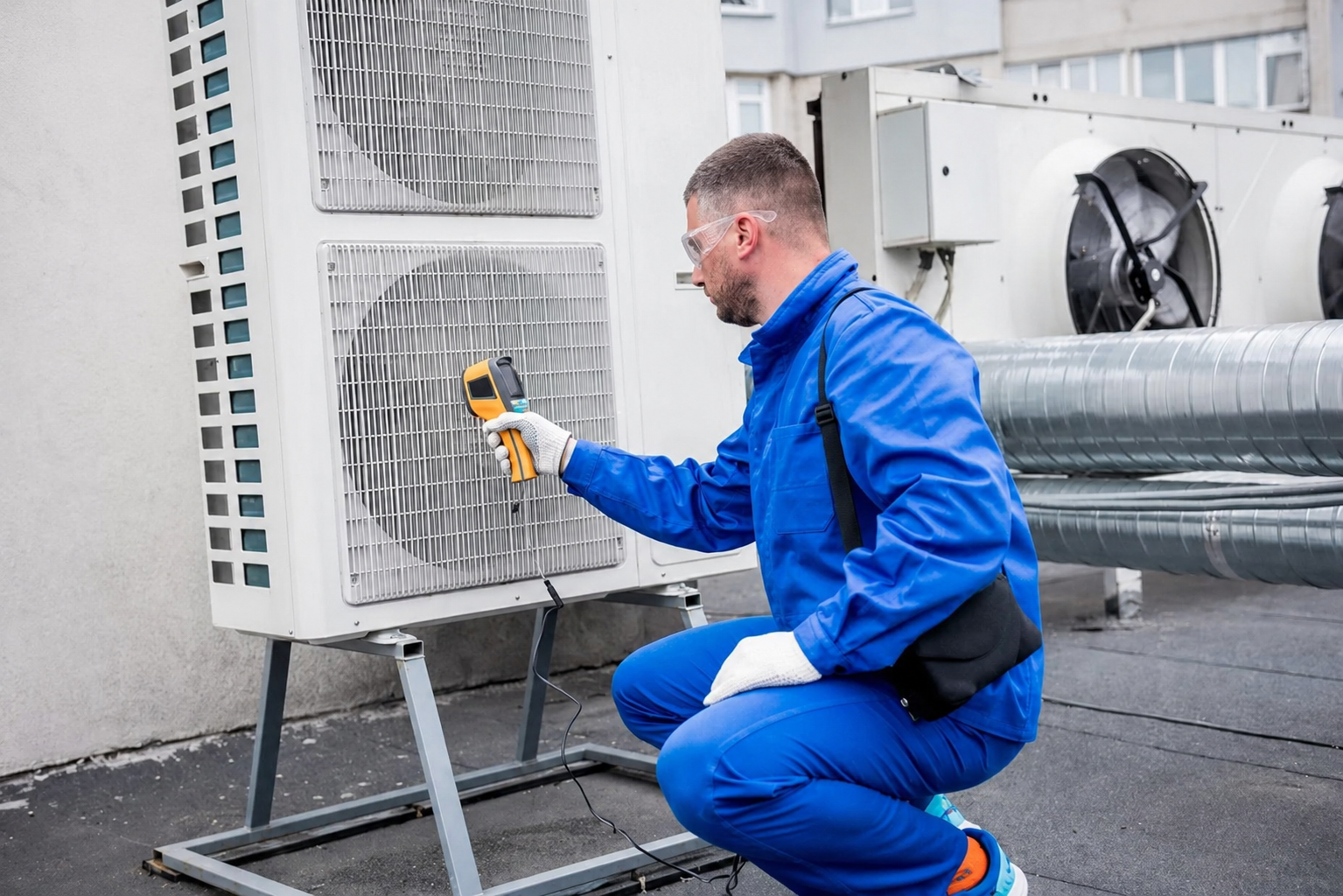 HVAC technician in safety glasses servicing a commercial unit
