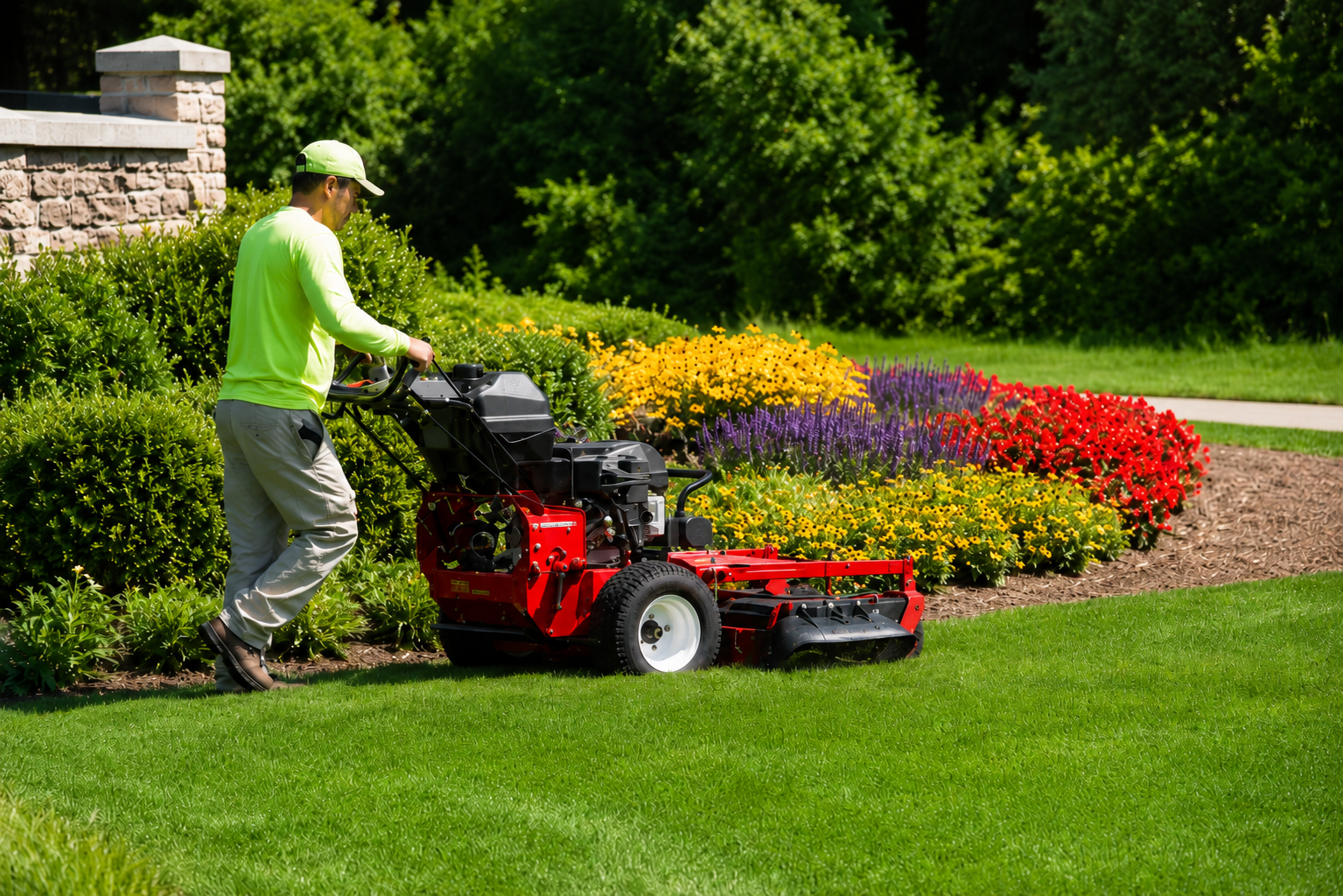 Person mowing a lawn beside a colorful flower bed on a sunny day