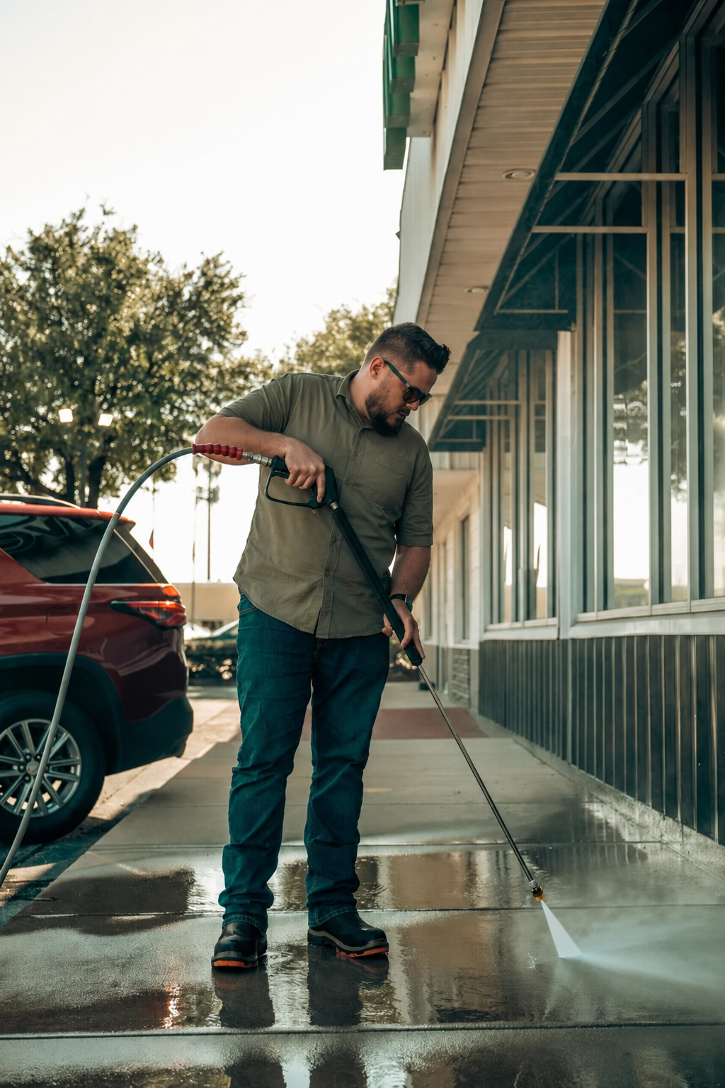 Technician power washing a commercial building exterior
