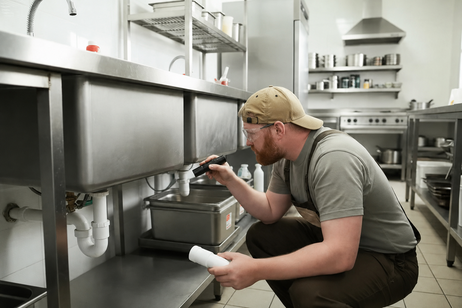 Plumber repairing a commercial sink fixture