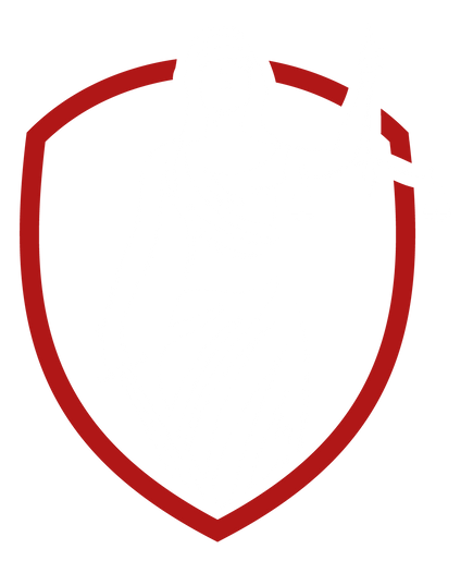 A red shield with a broken corner on a white background.