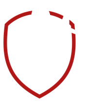 A red shield with a broken corner on a white background.