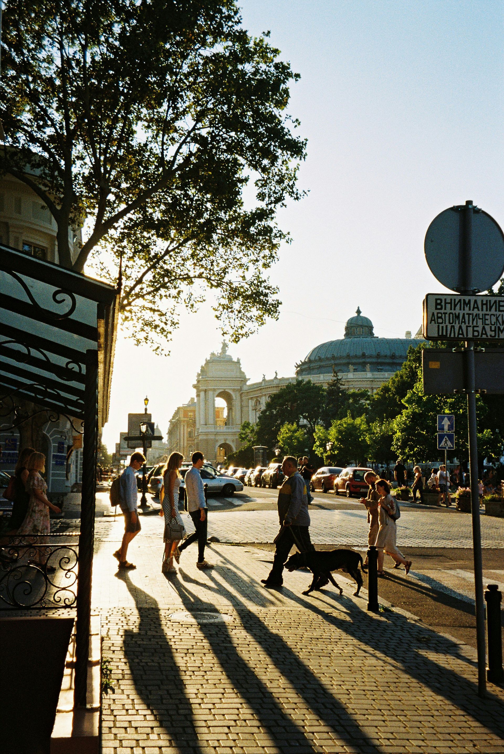 A group of people are walking down a sidewalk with a dog.
