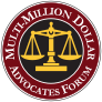 The logo for the multimillion dollar advocates forum has a scale of justice in the center.