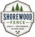Shorewood Fence Logo with Rustic Wood Badge, Pine Tree Graphic, Crossed Hammer Icons, and Company Name in Shorewood, WI