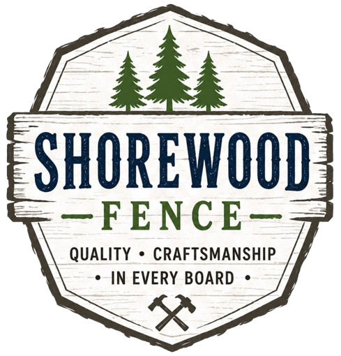 Shorewood Fence Logo with Rustic Wood Badge, Pine Tree Graphic, Crossed Hammer Icons, and Company Name in Shorewood, WI