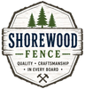 Shorewood Fence Logo with Rustic Wood Badge, Pine Tree Graphic, Crossed Hammer Icons, and Company Name in Shorewood, WI