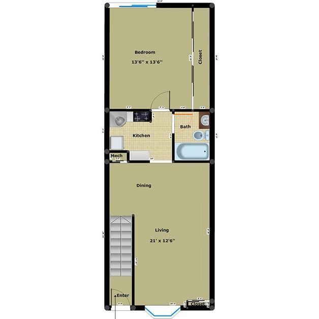 1 Bed, 1 Bath Floor Plan