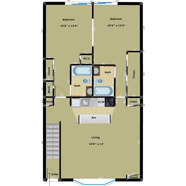 2 Bed, 2 Bath Floor Plan