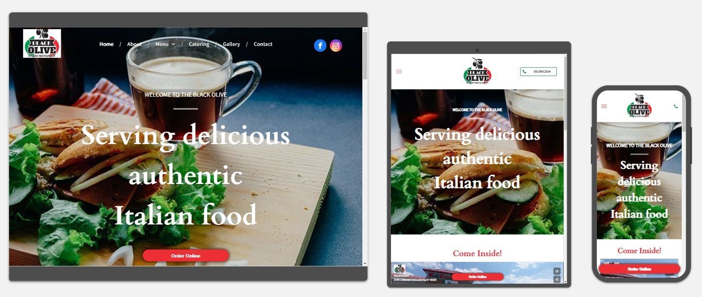 A screenshot of an Italian restaurant website on a tablet , phone and computer.
