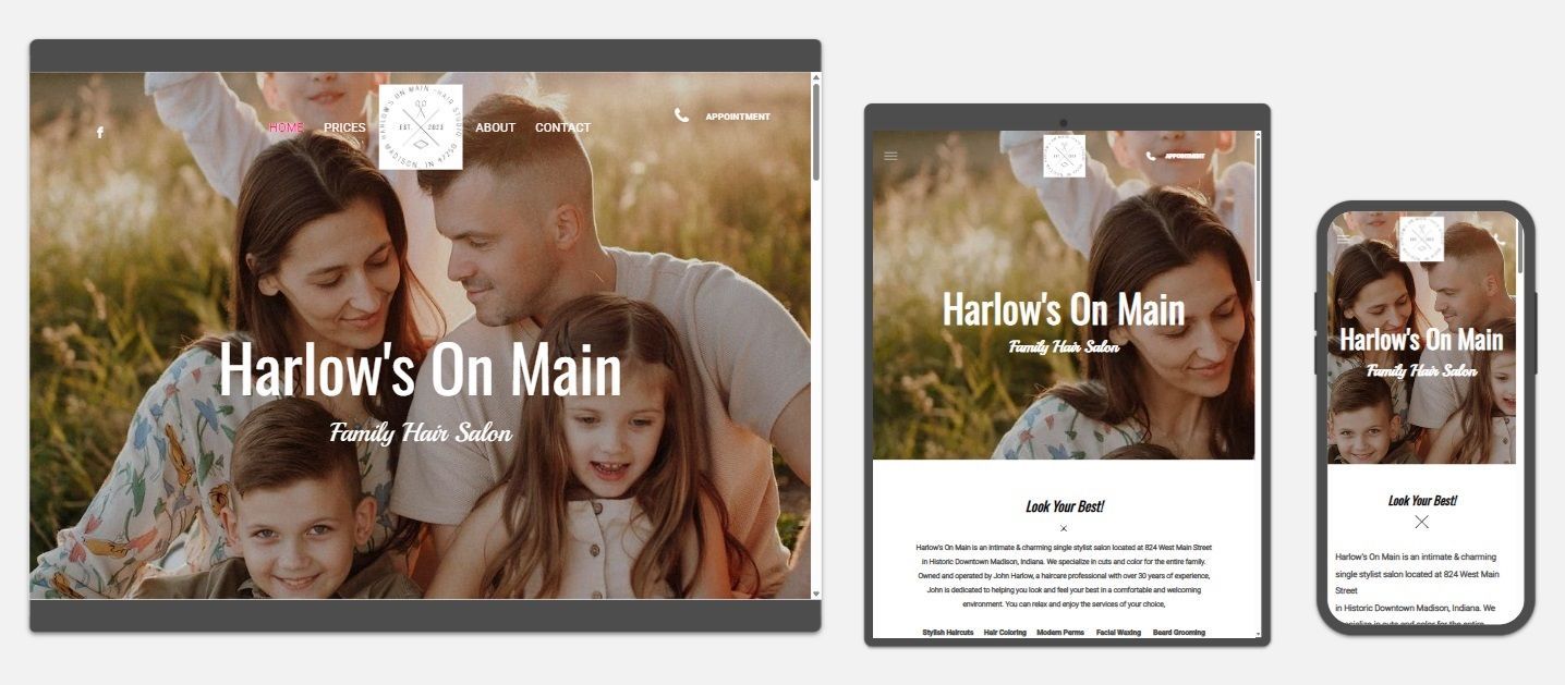 Website preview of a hair salon called Harlow's On Main
