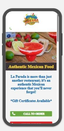A cell phone displaying a website for La Parada restaurant, Indianapolis Indiana