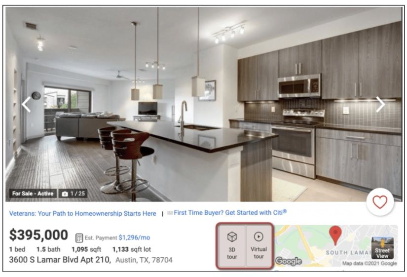 A picture of a kitchen and living room on a website.