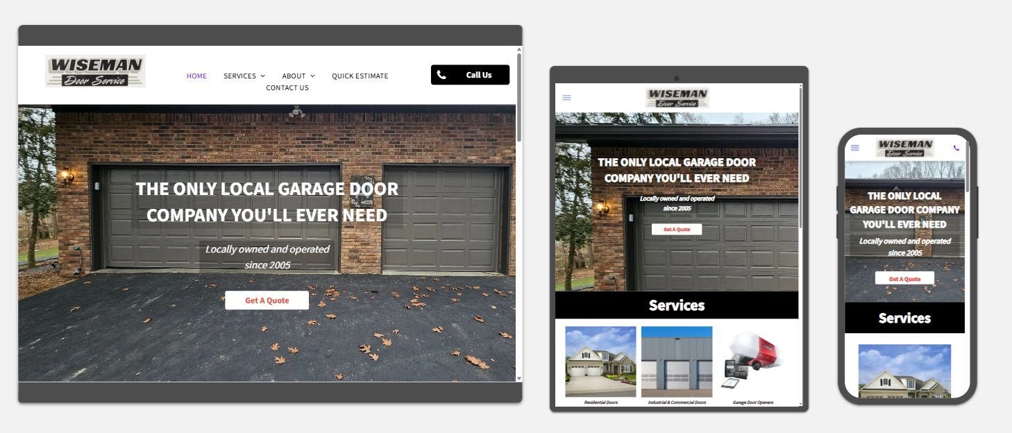 A screenshot of Wiseman Door Service website on a tablet and a phone.