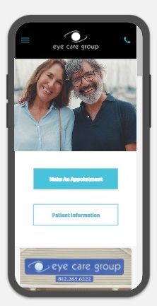 A cell phone with a picture of the Eyecare website, Madison Indiana