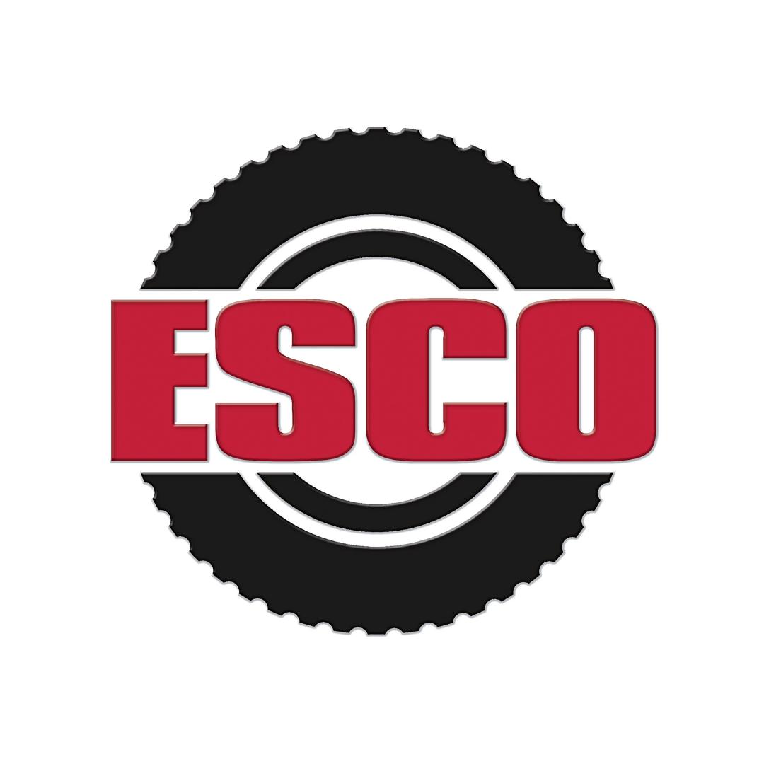 A logo for esco with a tire in the middle