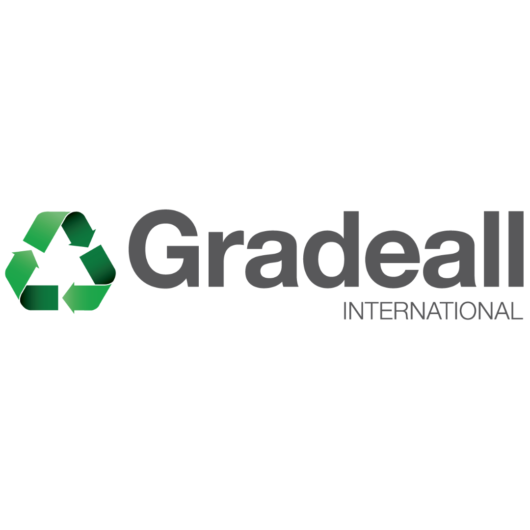 A logo for gradeall international with a green recycle symbol.