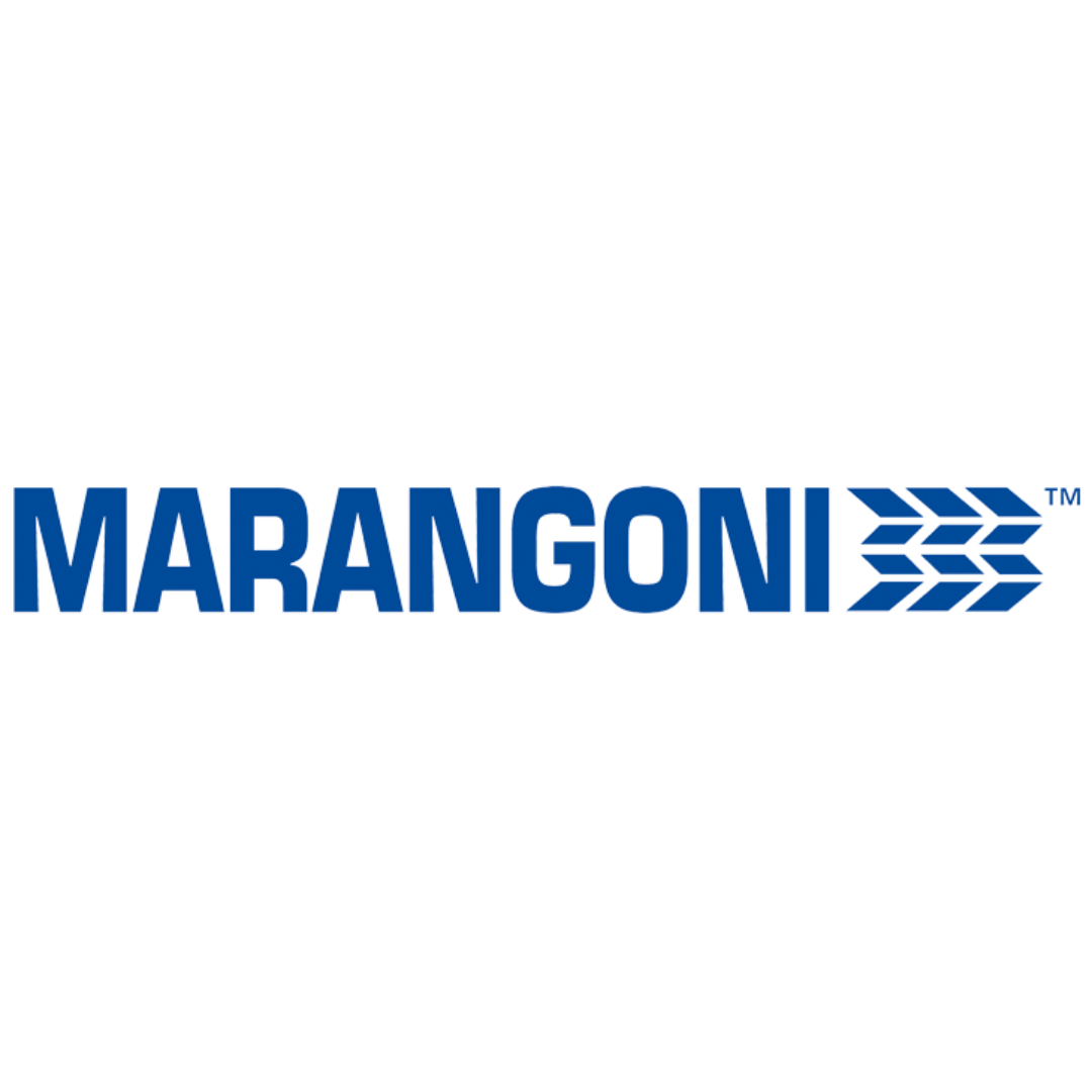A blue and white logo for marangoni on a white background.