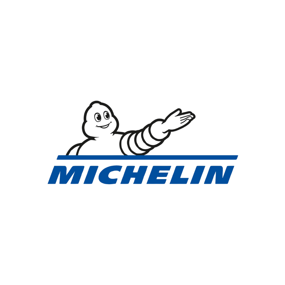 The michelin logo is a black and white drawing of a man holding out his hand.