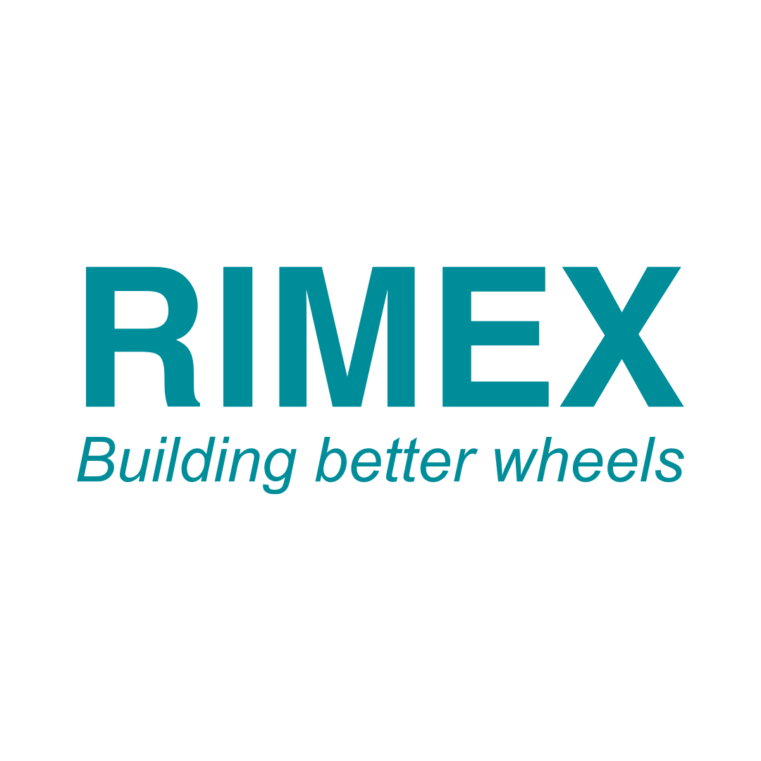 The logo for rimex building better wheels is blue and white.