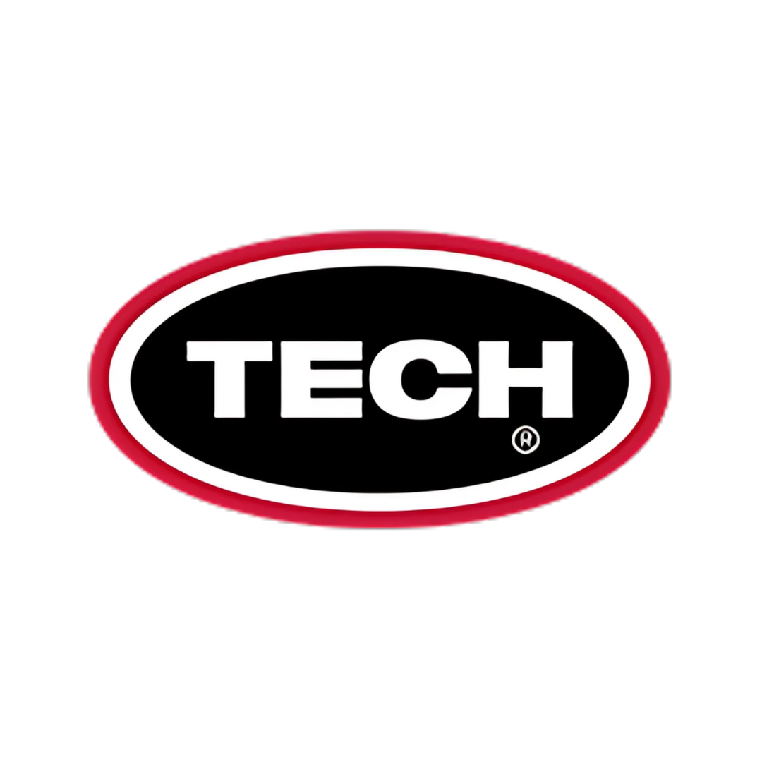 The tech logo is in a red and black oval on a white background.