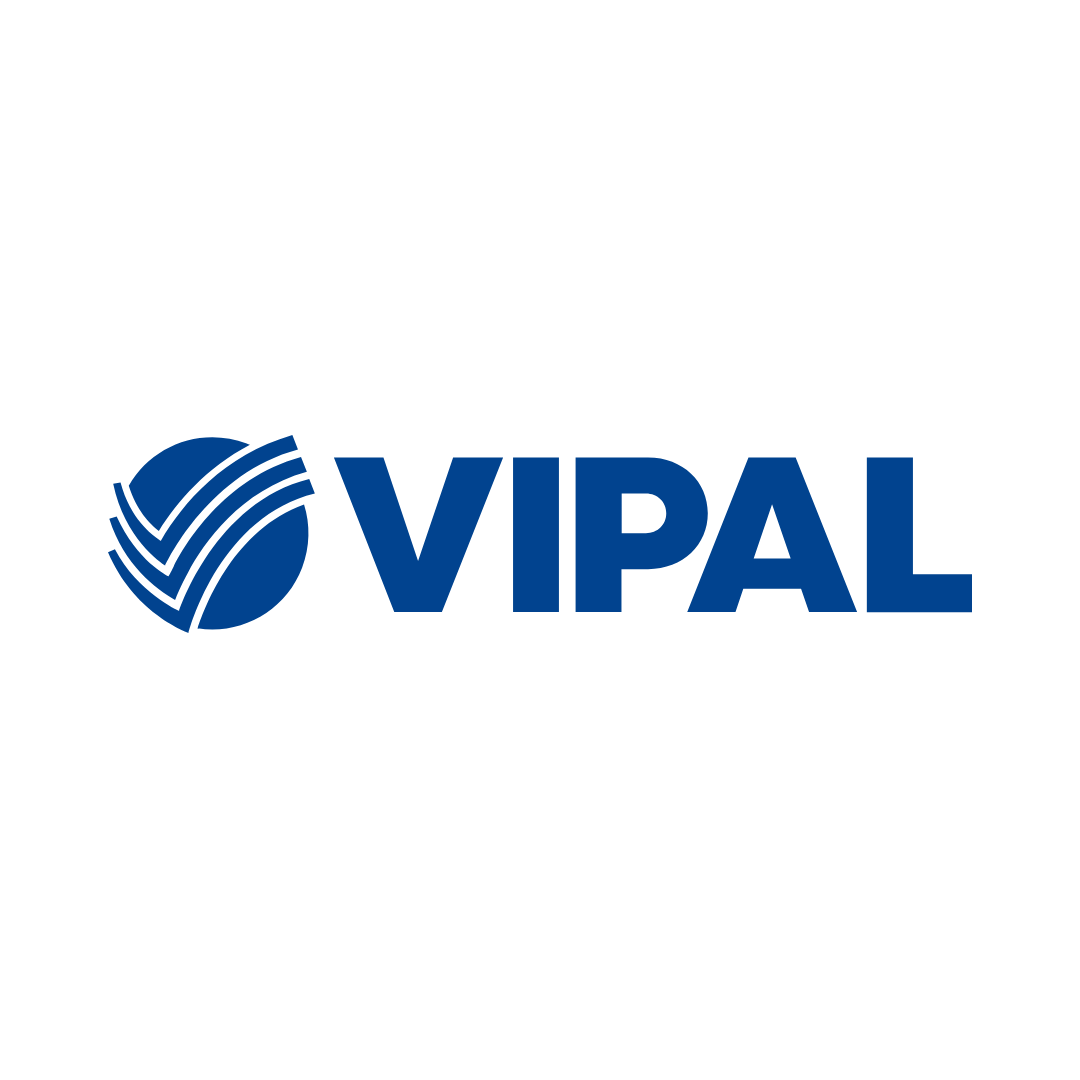 The logo for vipal is blue and has a check mark on it.