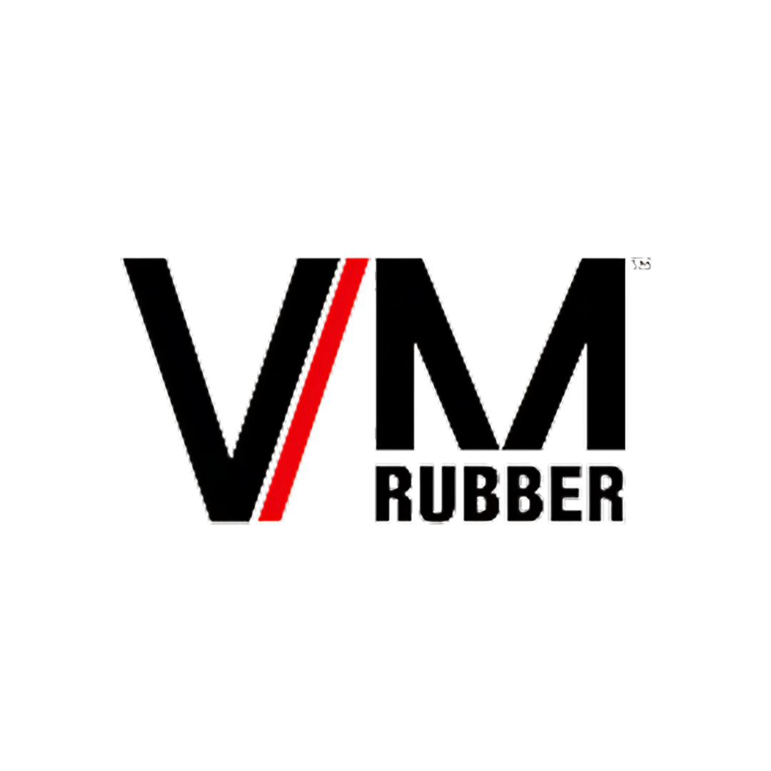 A black and red logo for vm rubber on a white background.