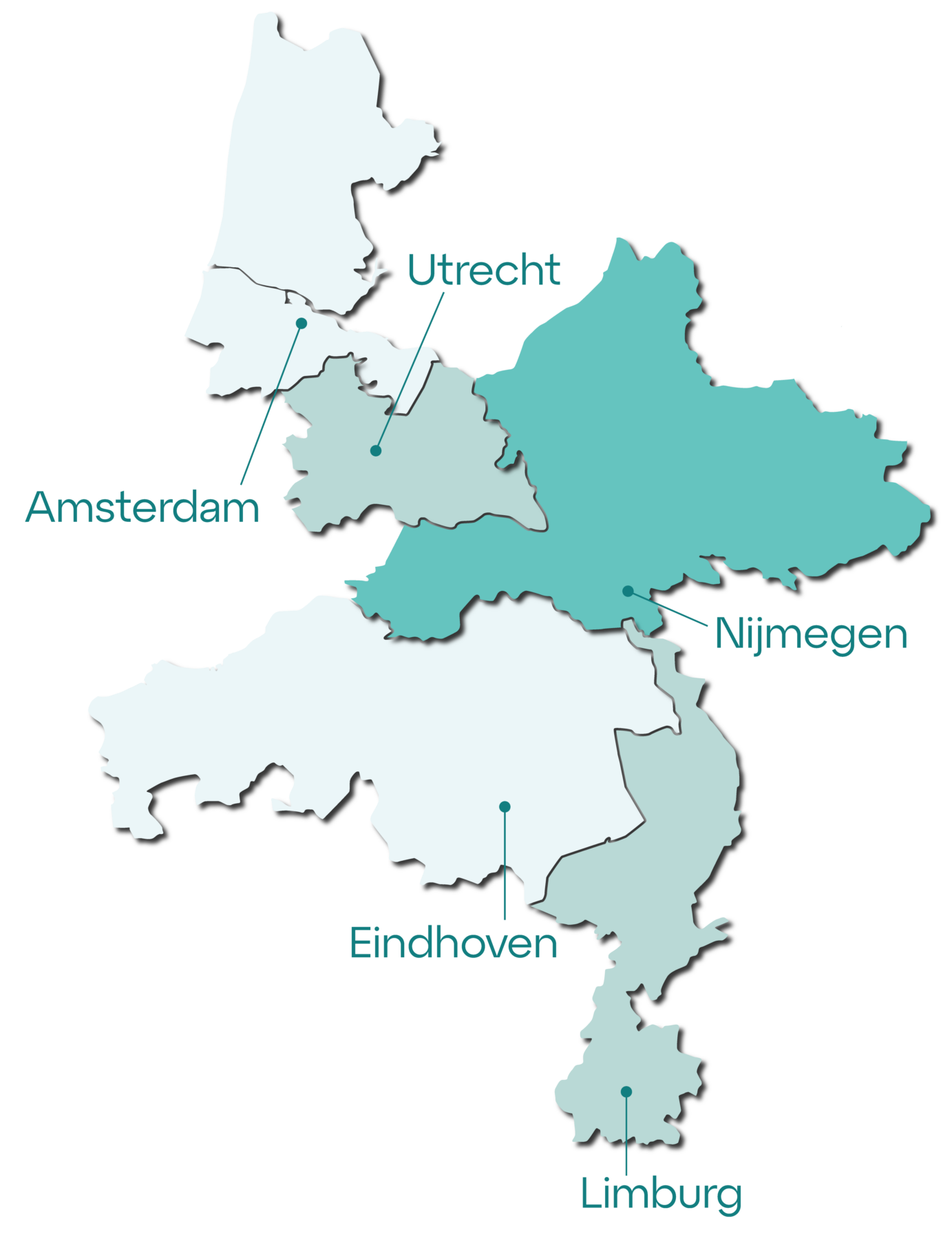 Kaart van Nederland, met de provincies gemarkeerd in verschillende tinten turquoise en grijs