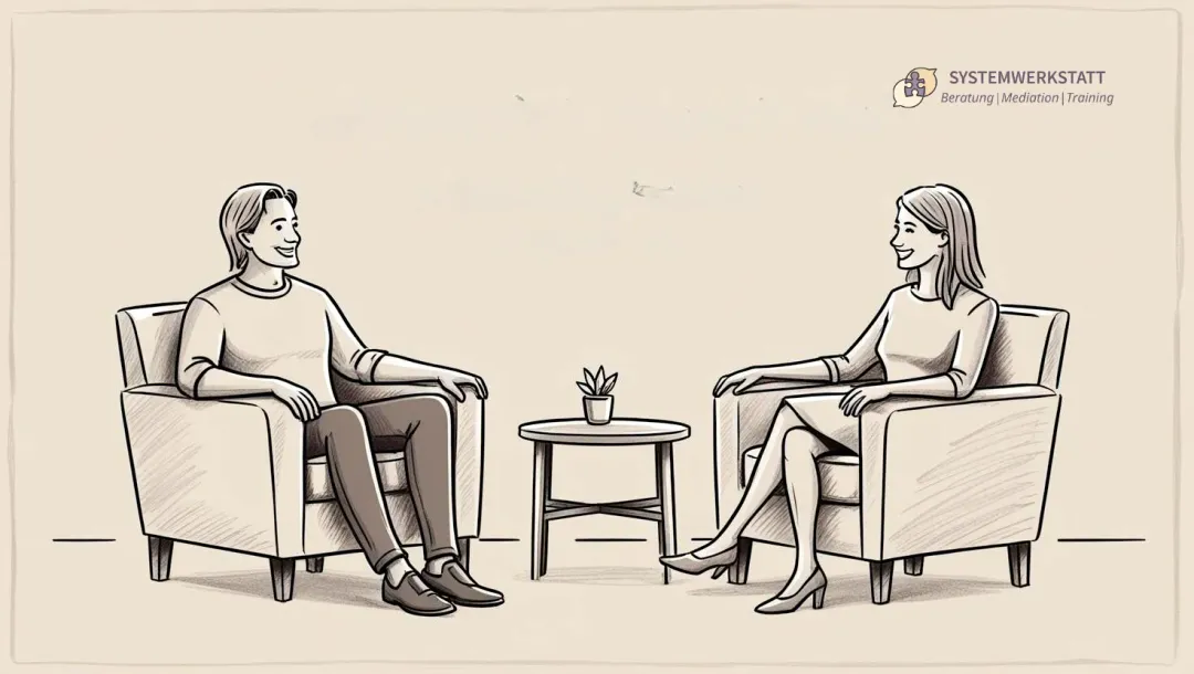 Coaching Berlin – symbolisches Beratungsgespräch als Zeichnung
