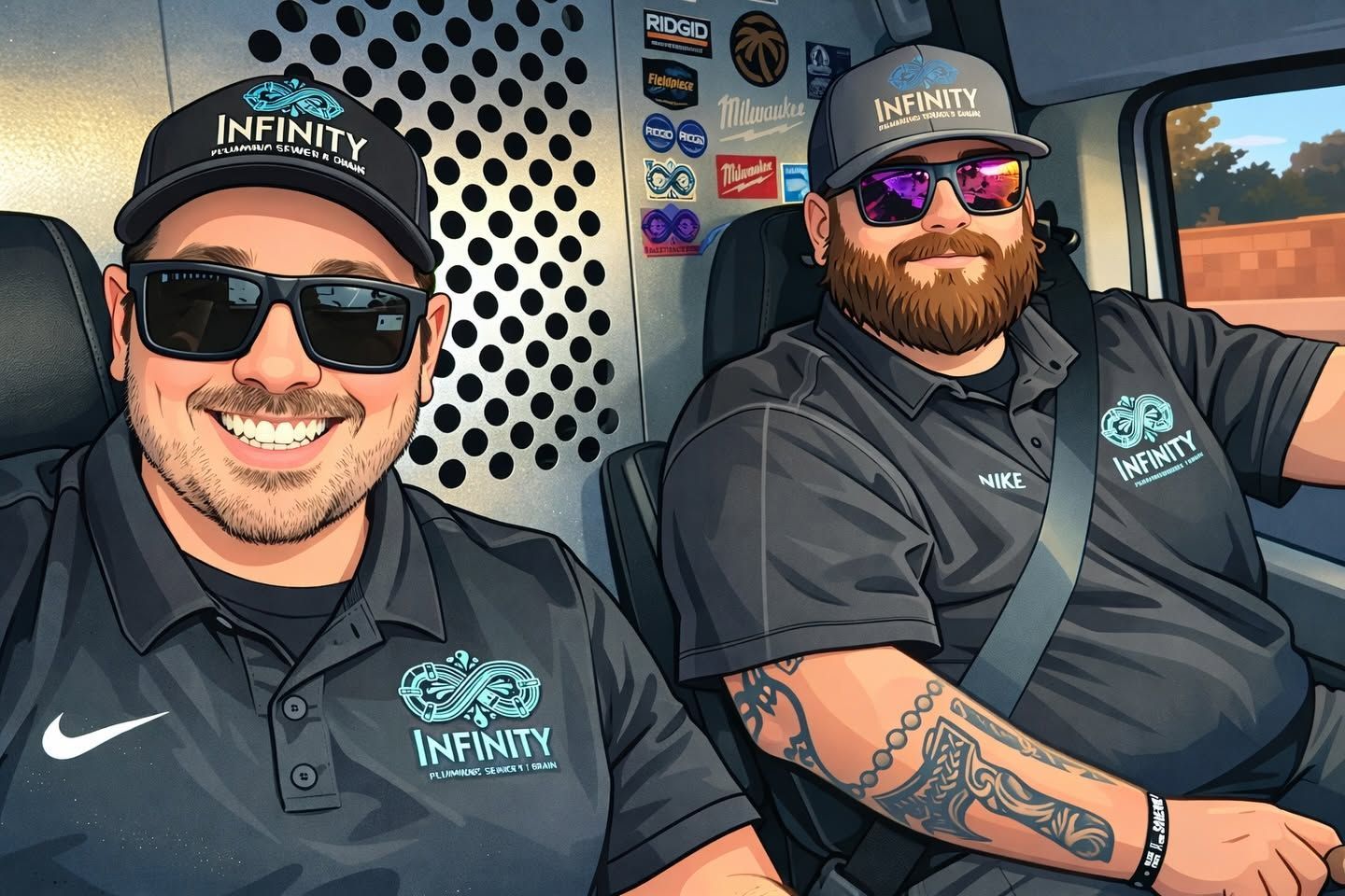 Two smiling men in black polos and caps sitting inside a vehicle, wearing sunglasses.