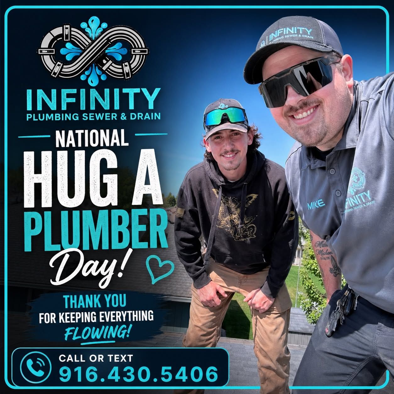 Infinity Plumbing Sewer & Drain ad: two smiling plumbers, “National Hug a Plumber Day,” with phone number.