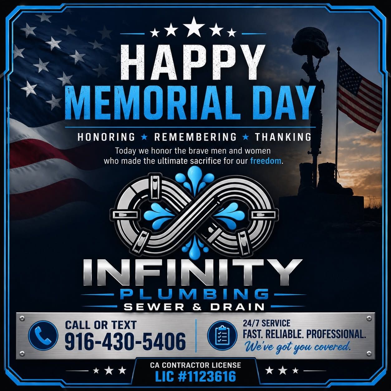 Happy Memorial Day poster for Infinity Remodeling with patriotic blue, red, and black design and contact info