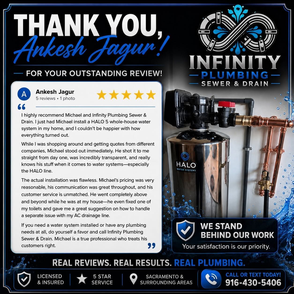 Infinity Plumbing review ad with 5-star customer quote, plumbing equipment, and blue/black branding