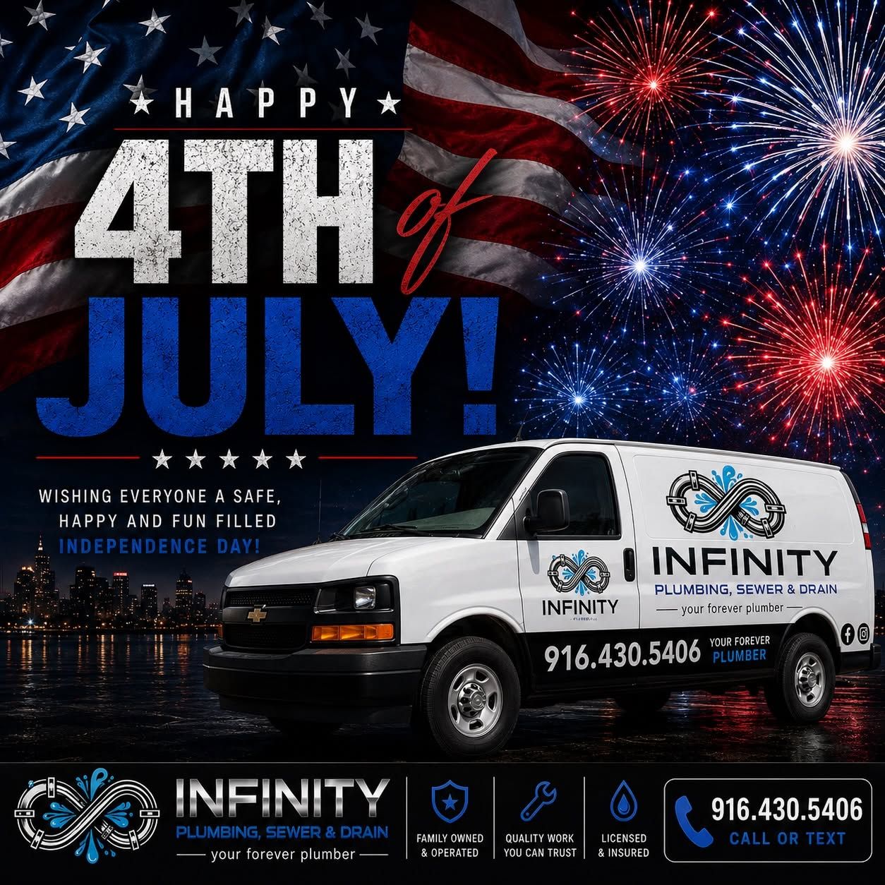 Infinity Plumbing 4th of July ad with fireworks, stars, American flag, and a white service van by the water.