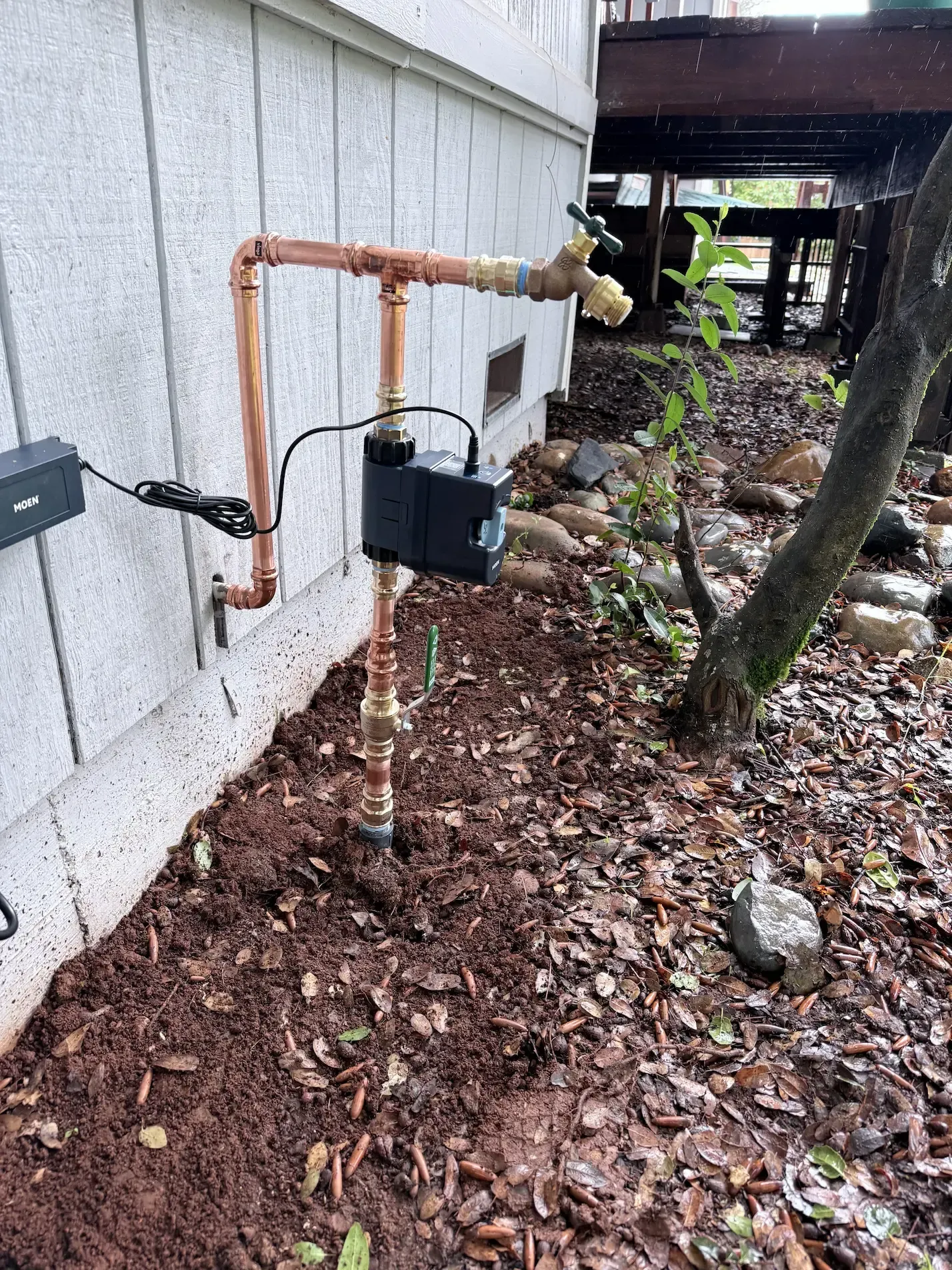 Outdoor water pipes and a black utility box mounted on a house wall beside a mulched yard.