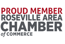 Proud member logo for Roseville Area Chamber of Commerce in red and gray text