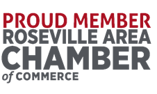 Proud member logo for Roseville Area Chamber of Commerce in red and gray text